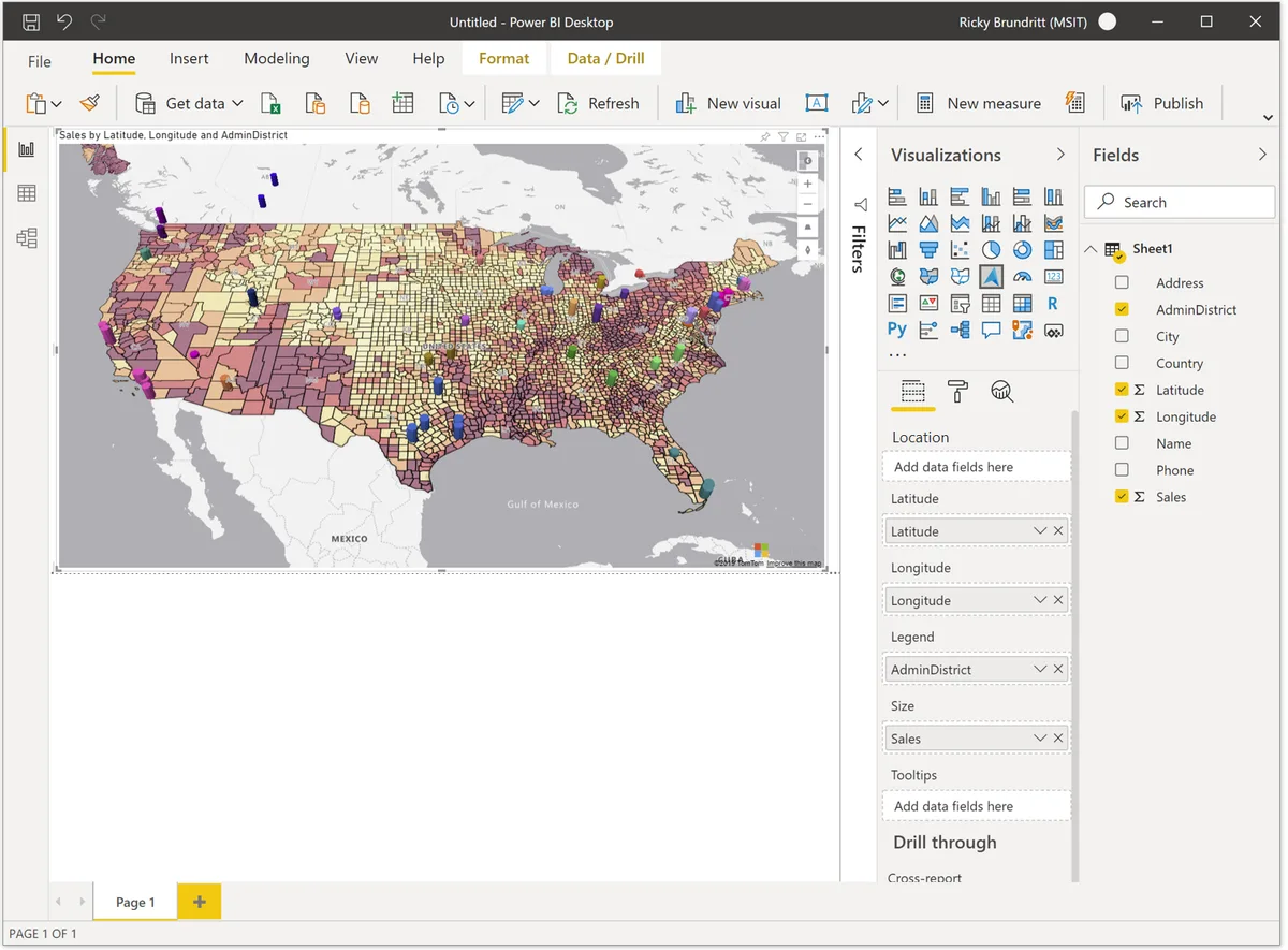 Azure Maps visual trong Power BI Desktop với dữ liệu điểm bán hàng theo vùng